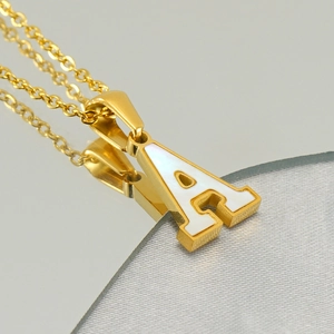 Elegant gold-plated stainless steel letter A necklace with mother-of-pearl inlay