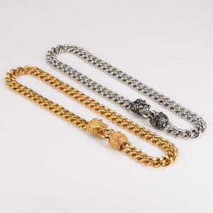 Colliers gourmettes vintage en acier inoxydable avec têtes de lion en or et argent
