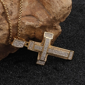 Hip hop gold titanium steel cross pendant necklace with sparkling crystal inlay for men
