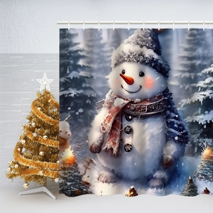 Detailed view of snowman Christmas shower curtain with hooks in a festive bathroom setting