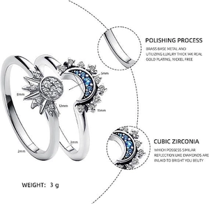 Detailed size specifications of sun and moon rings with blue and white CZ stones