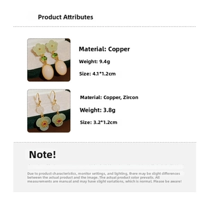 Detail view of retro flower earrings with jade resin, copper material and zircon stones