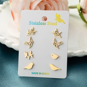 French style gold stainless steel bird and leaf stud earrings set of four pairs on card