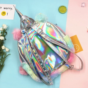 Holographic unicorn backpack with rainbow faux fur and silver laser finish for girls