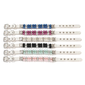 Double row pearl pet collars with rhinestones in six colors on white background