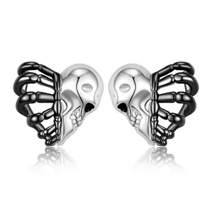 925 Sterling Silver Skull Heart Rib Stud Earrings Gothic Punk Black Gold Plated Personality Dark Style Ear Piercing Jewelry