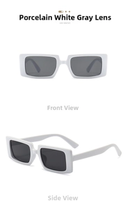 Front and side view of white rectangular sunglasses with grey lenses in retro style