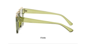 Zero degree side view of oversized green square frames and temple detail of these sunglasses