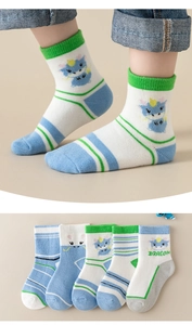 5-pack striped cotton kids crew socks with cute dragon embroidery in blue and green