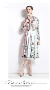 Close-up of vintage floral print maxi dress with pleated skirt and button-down shirt collar