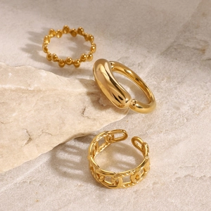 Three-piece set of gold stainless steel rings with bead, smooth thick and hollow chain designs