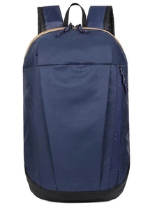 Blue outdoor sports backpack with black base and front vertical zipper on white background