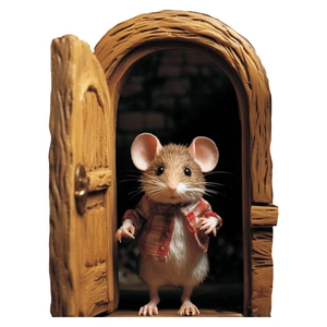 Realistischer 3D-Maus-Wandaufkleber mit Holztür und Maus im rot karierten Hemd-Dekor