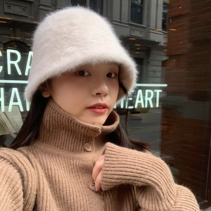 Women Faux Rabbit Fur Bucket Hat Winter Warm Plush Basin Hat Soft Foldable Solid Color Small Face Effect Korean Style Cap