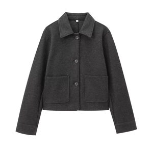 Women's dark gray textured short jacket with double pockets and lapel collar