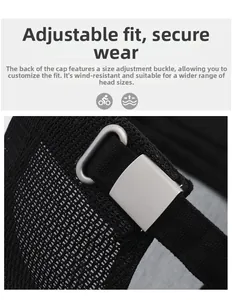 Detail of adjustable metal buckle and breathable mesh on a black baseball cap