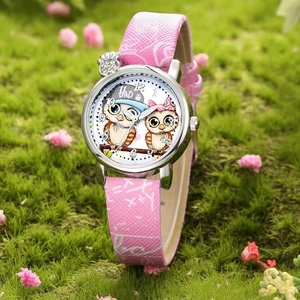 Cute Owl Cartoon Quartz Watch For Children Faux Leather Strap Rhinestone Crown Decoration For Girls Student Kids Casual Wristwatch