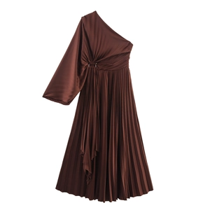 Single Shoulder Pleated Maxi Dress Asymmetric Long Sleeve High Waist Buckle Deep Brown Satin Finish Evening Gown Women