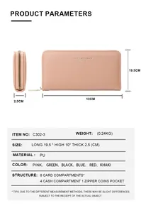 Detailed size specifications and feature chart for this women's long PU leather wallet