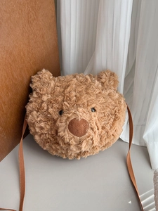 Cute brown plush teddy bear crossbody bag with 3D ears and soft textured fur material