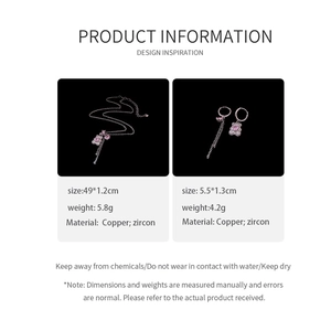 Size and material details for the rose gold bear necklace and earrings jewelry set