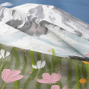 Detail of bohemian tapestry fabric showing impressionist mountain and flower oil painting