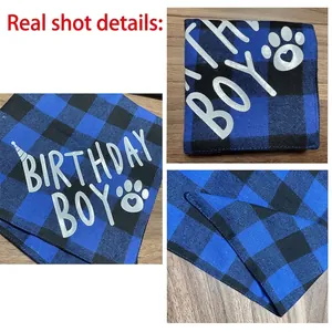 Blue plaid dog birthday bandana with silver Birthday Boy print and paw design