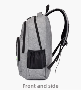 Detailed side view of grey business backpack with mesh side pocket and zipper compartments