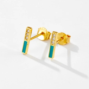 Elegant S925 sterling silver gold plated linear earrings with turquoise enamel and zircon
