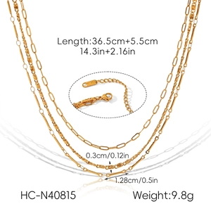 Detail showing triple-layer stainless steel necklace measurements and clasp structure