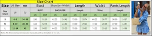 Size guide with US and EU measurements for women's striped leisure shirt and shorts set