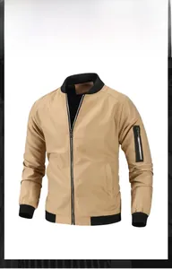 Detail of khaki bomber jacket featuring black ribbed collar and silver metal zipper