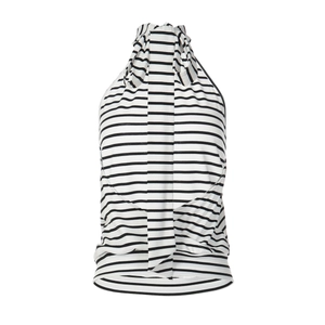 Detail of a chic black and white striped halter knit vest with a refined neck tie design