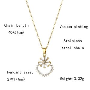 Detail showing 18k gold plated stainless steel necklace with zircon flower pendant dimensions