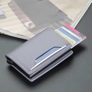 Men's automatic pop-up RFID blocking card holder in light grey lychee pattern leather
