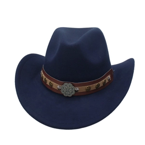 Detail of navy western cowboy hat with studded leather band and star metal rivets