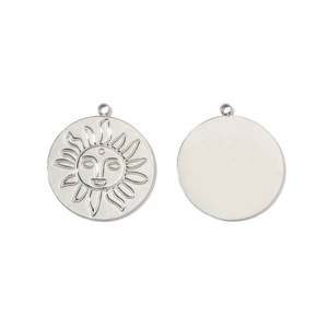 Polished stainless steel sun face pendant charms showing smooth mirror finish detail