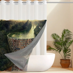 Detail of waterproof shower curtain featuring surrealist forest and river print with metal eyelets