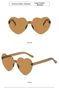 Front and side views of brown heart-shaped rimless sunglasses with jelly colored lenses