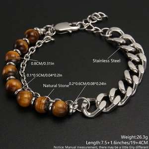 Men's Tiger Eye natural stone and stainless steel NK chain bracelet with lobster clasp