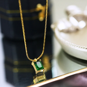 Vintage emerald-style rectangular geometric pendant necklace with gold chain for women