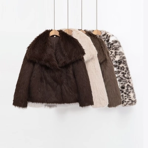 Damen Kunstpelz Jacke Reverskragen Langarm Kurzmantel Einfarbig Leopard Print Elegant Warm Outwear
