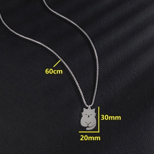 Minimalist cat silhouette necklace in polished silver steel on black leather background