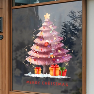 Adesivo per finestre albero di Natale rosa con scatole regalo e scritta Buon Natale