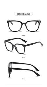 Front and side views of classic oversized black square frames with metal rivet details