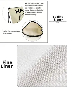 Detail of linen makeup bag showing durable alloy zipper and spacious interior storage