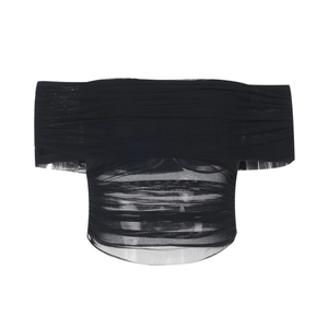 Sexy black off-shoulder mesh top for women with sheer pleated design and slim fit