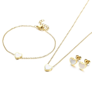 Elegant gold stainless steel jewelry set featuring white heart shell pendant charms