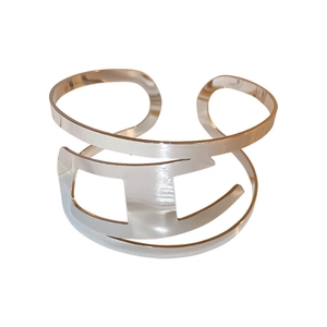 Minimalist double-layer silver metal hollow cuff bracelet with open-wide geometric design