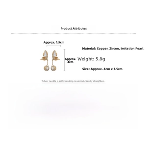 Detailed view of gold butterfly drop earrings with pearls and zircon stones measurements